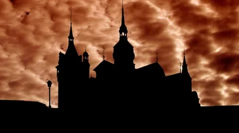 Romania Peles Castle orange clouds Stock Footage