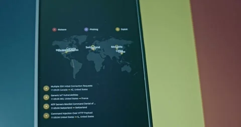 Romania as target for cyber attacks, live map and Romanian flag on background Stock Footage 310845537