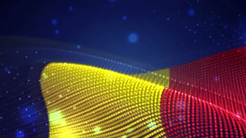 Romania waving flag on blue background with bright flares, motion loop Stock Footage 149477030