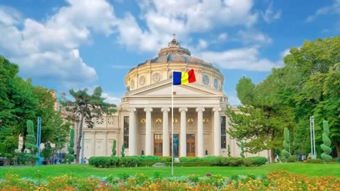 Romanian Athenaeum building with flag motion clip footage video Stock Footage 345875015