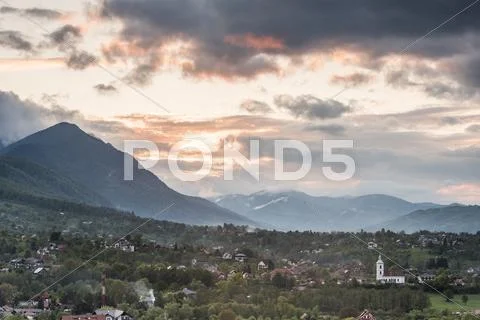 Romanian countryside surrounding Bran Castle at sunset, Transylvania, Romania, Stock Photos