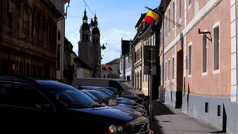 Romanian flag on the building Stockbeeldmateriaal 76441978