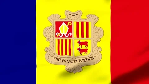Romanian flag with coat of arms featuring bull and stripes Vídeo Stock 343573910