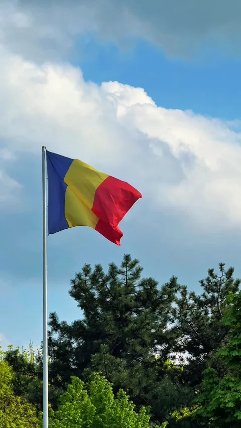 Romanian flag waving in wind against blue sky with white clouds, vertical Stock Footage 334075577