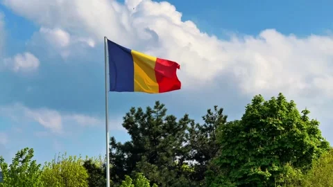 Romanian flag waving in wind against blue sky with white clouds, horizontal Stock Footage 334075655