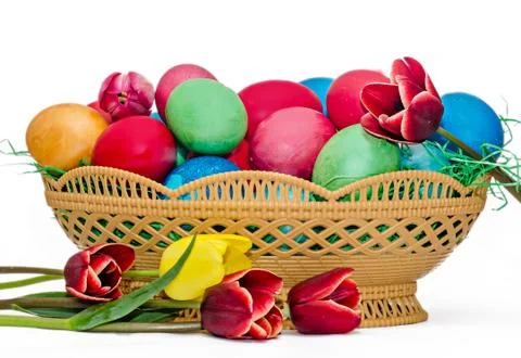 Romanian traditional colored easter eggs placed in a basket Stock-Fotos