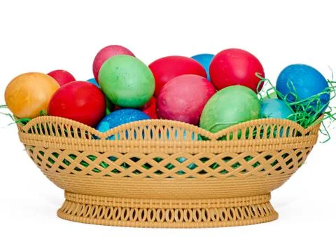 Romanian traditional colored easter eggs placed in a basket Stock-Fotos