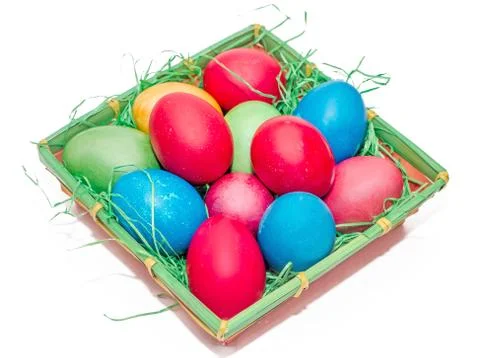 Romanian traditional colored easter eggs placed in a basket Stock-Fotos