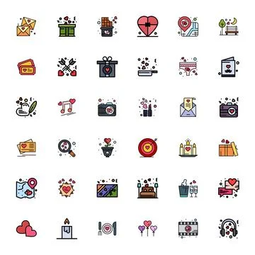 Romantic 256x256 Vector Icon Pack with 36 Flat Line Filled Pixel Optimized .. Stock Illustration