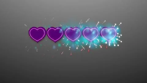 Romantic 3d illustration of five violet hearts placed in arrow in the gray ba Stock-Illustration