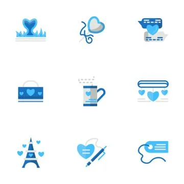 Romantic adventures blue flat vector icons Illustrazione stock