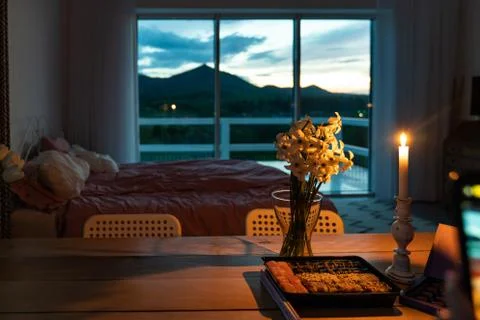 Romantic and Beautiful dining table with a great mountain view Stock Photos