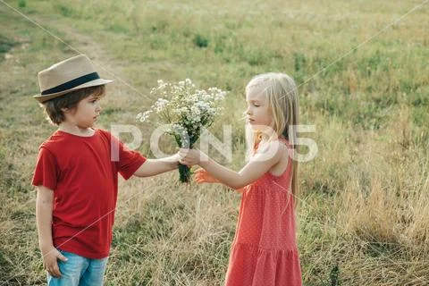 Romantic and love. Childcare. Valentine. The concept of child friendship and Stock Photos