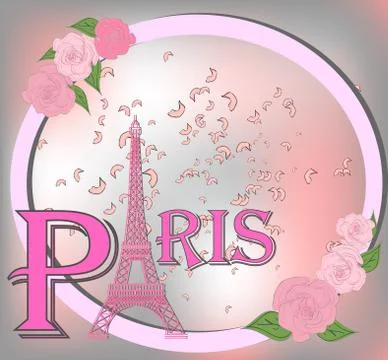 Romantic background with Eiffel Tower and pink roses. Stock Illustration