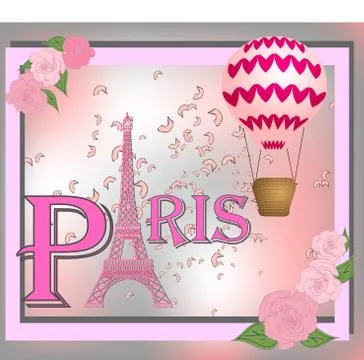 Romantic background with Eiffel Tower and pink roses. Stock Illustration