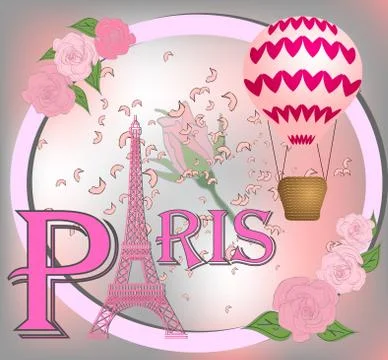 Romantic background with Eiffel Tower and pink roses. Stock Illustration