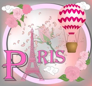 Romantic background with Eiffel Tower and pink roses. Stock Illustration