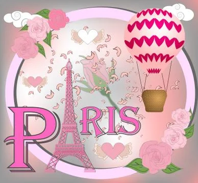 Romantic background with Eiffel Tower and pink roses. Stock Illustration