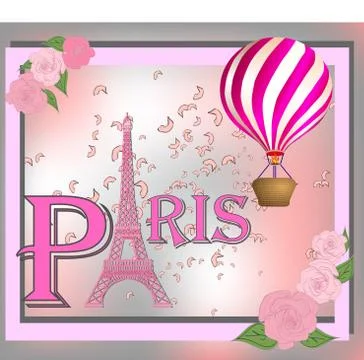 Romantic background with Eiffel Tower and pink roses. Stock Illustration