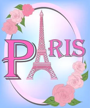 Romantic background with Eiffel Tower and pink roses. Stock Illustration