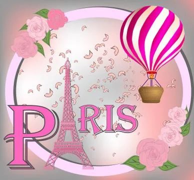Romantic background with Eiffel Tower and pink roses. Stock Illustration