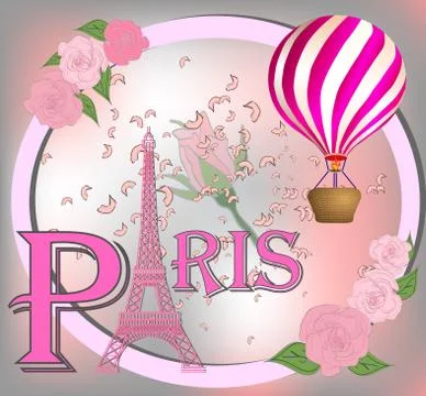 Romantic background with Eiffel Tower and pink roses. Stock Illustration