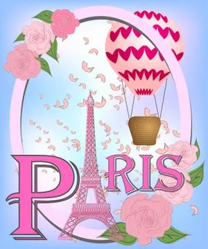 Romantic background with Eiffel Tower and pink roses. Stock Illustration
