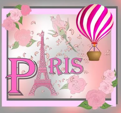 Romantic background with Eiffel Tower and pink roses. Stock Illustration