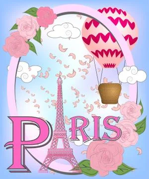 Romantic background with Eiffel Tower and pink roses. Stock Illustration
