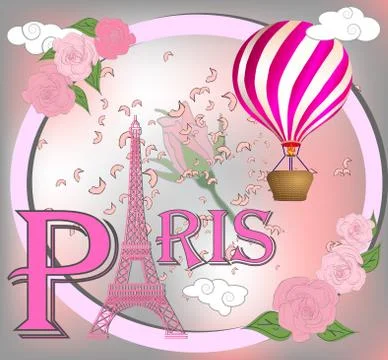 Romantic background with Eiffel Tower and pink roses. Stock Illustration