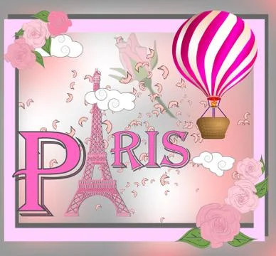 Romantic background with Eiffel Tower and pink roses. Stock Illustration