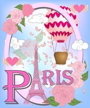 Romantic background with Eiffel Tower and pink roses. Stock Illustration