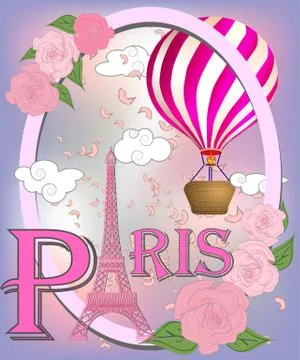 Romantic background with Eiffel Tower and pink roses. Stock Illustration