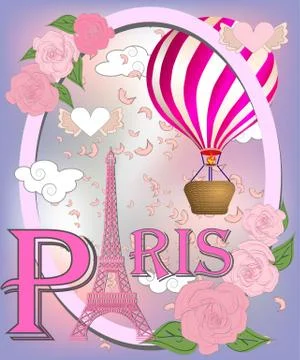 Romantic background with Eiffel Tower and pink roses. 스톡 일러스트