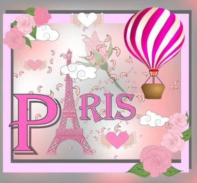 Romantic background with Eiffel Tower and pink roses. Stock Illustration