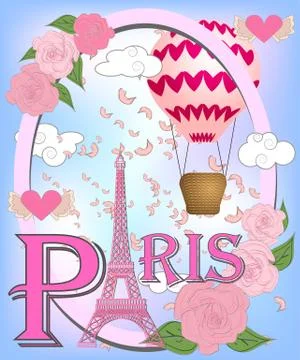 Romantic background with Eiffel Tower and pink roses. Stock Illustration