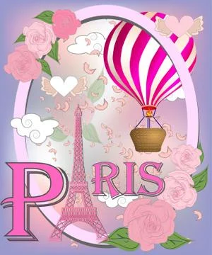 Romantic background with Eiffel Tower and pink roses. Stock Illustration