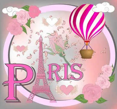 Romantic background with Eiffel Tower and pink roses. Stock Illustration