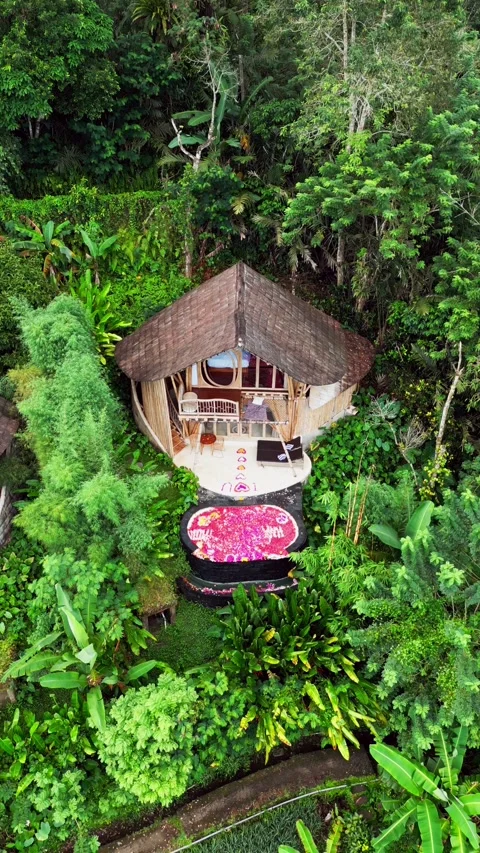 Romantic bamboo house with flower pool surrounded by tropical greenery vertical Stock Footage 334623384