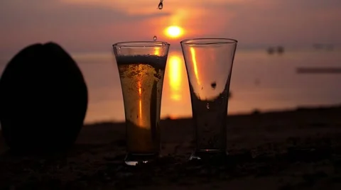 Romantic Beach Evening on Sunset with Two Glasses of White Wine Video stock 45629738