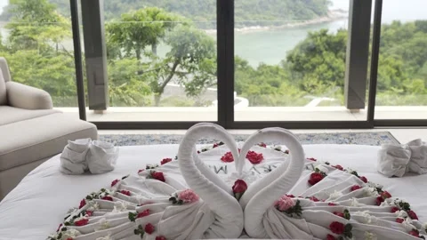 Romantic bed hotel view Stock Footage 144588000