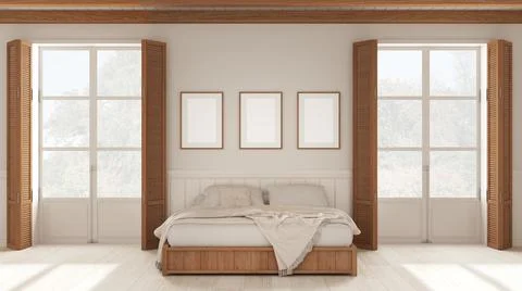 Romantic bedroom background, double bed with blankets in white tones. Frame m Stockillustratie