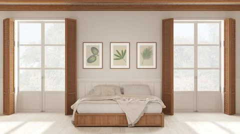 Romantic bedroom background, double bed with blankets in white tones. Two pan Stock Illustration