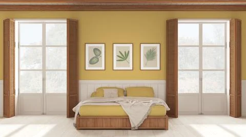Romantic bedroom background, double bed with blankets in white and yellow ton Stock Illustration