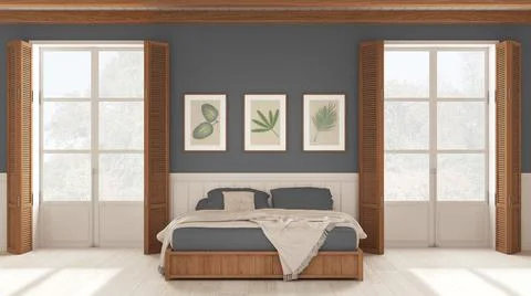 Romantic bedroom background, double bed with blankets in white and gray tones Stock Illustration