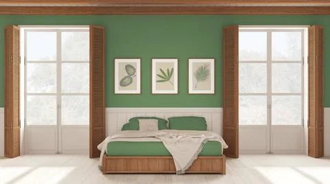 Romantic bedroom background, double bed with blankets in white and green tone Stock Illustration