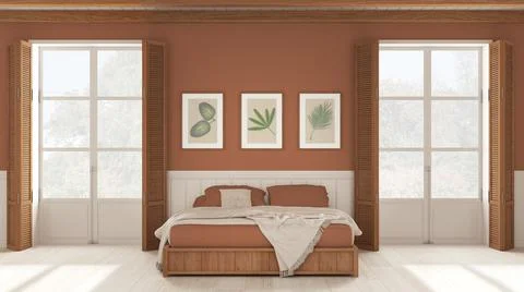 Romantic bedroom background, double bed with blankets in white and orange ton Stock Illustration