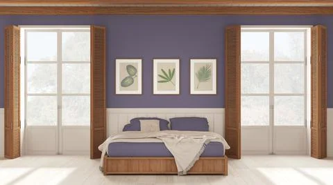 Romantic bedroom background, double bed with blankets in white and purple ton Stock Illustration