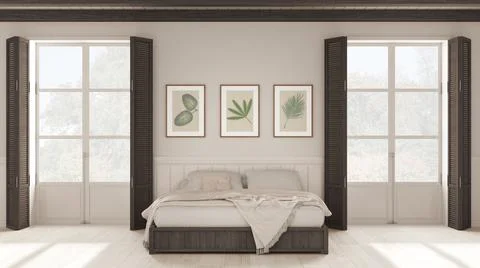 Romantic bedroom background, double bed with blankets in white and dark tones Stockillustratie