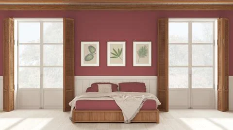 Romantic bedroom background, double bed with blankets in white and red tones. Stockillustratie